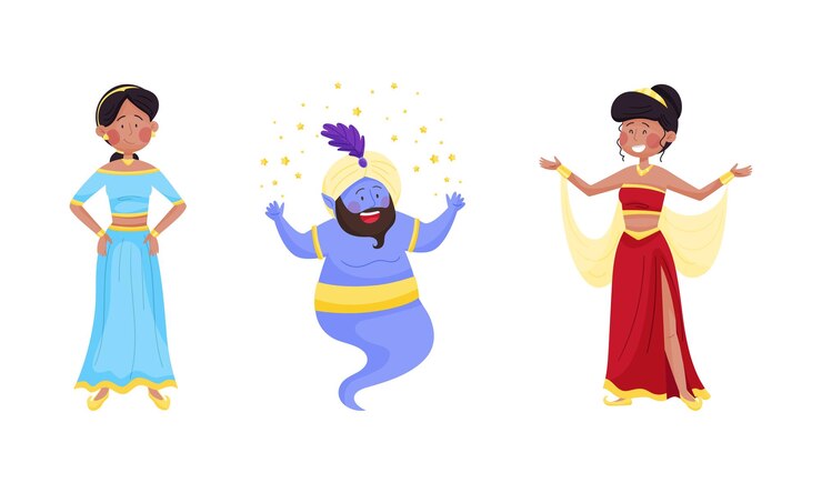 Vetor personagem de conto de fadas árabe com mulher árabe vestida com roupas de luxo e jinn de lamp vector set