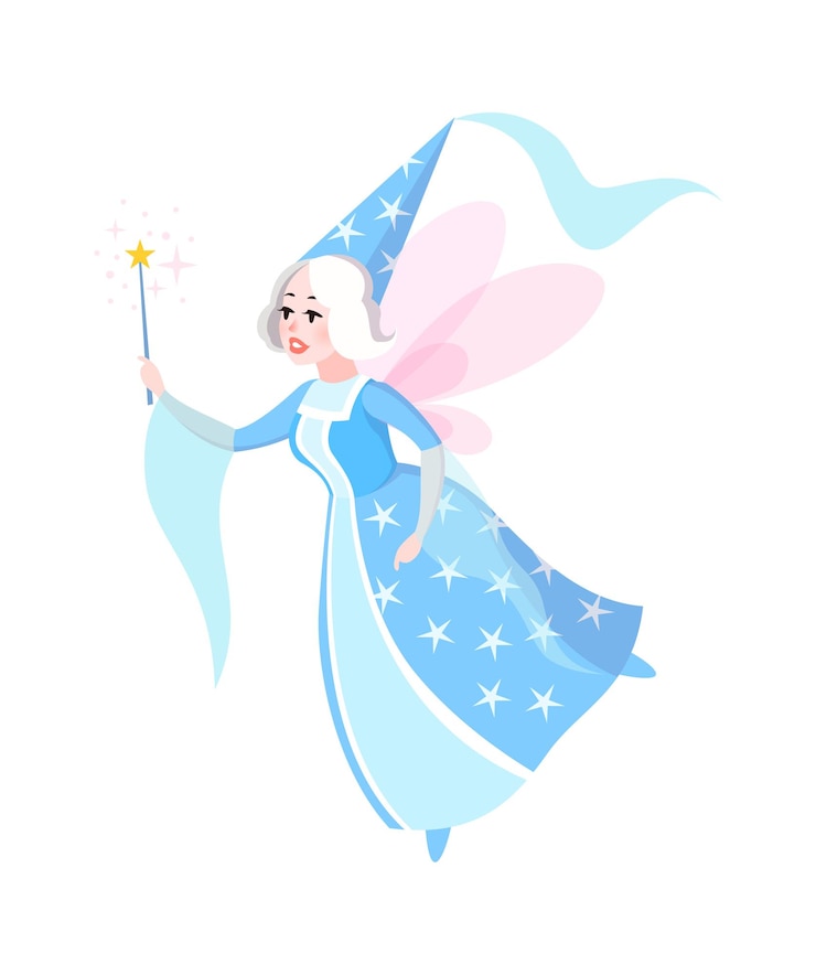 Vetor personagem de contos de fadas. mulher de desenho animado em vestido azul e chapéu de cone com asas de borboleta voando, feiticeira com varinha mágica, fantasia criatura bruxa, crianças mito de conto de fadas ilustração vetorial plana isolada