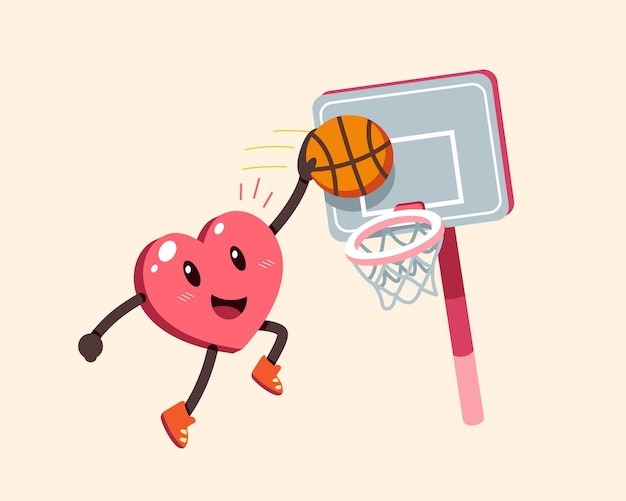 Personagem de coração de desenho vetorial jogando basquete