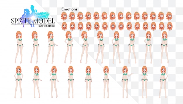 Personagem de corpo inteiro de sprite para romance visual de jogo. garota de anime mangá, personagem de desenho animado em estilo japonês. em um maiô de biquíni de verão. conjunto de emoções