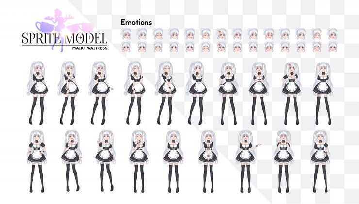 Vetor personagem de corpo inteiro de sprite para romance visual de jogo. garota de anime mangá, personagem de desenho animado em estilo japonês. traje de café de empregada. conjunto de emoções