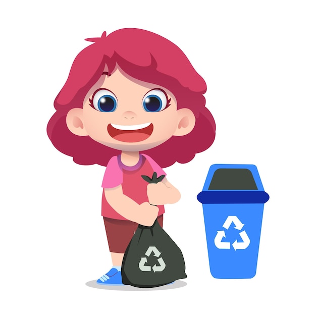 Personagem de criança fofa limpando e reciclando lixo