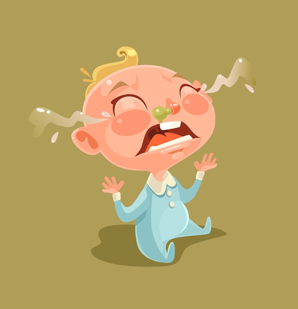 Personagem de criança travessa infeliz triste gritando e chorando. ilustração plana dos desenhos animados