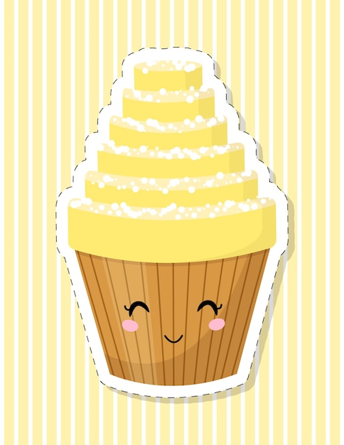 Personagem de cupcake bonito dos desenhos animados. bolo decorado com chantilly. adesivo