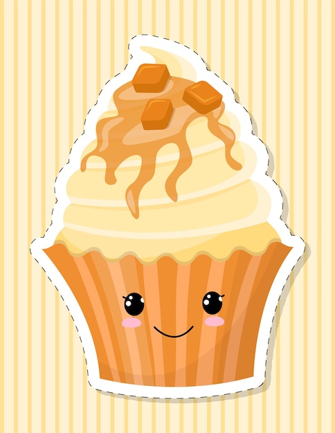 Personagem de cupcake bonito dos desenhos animados. bolo decorado com creme e caramelo. o adesivo