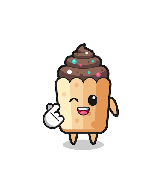 Personagem de cupcake fazendo coração de dedo coreano