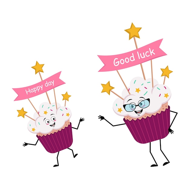 Personagem de cupcake fofa com emoções alegres comida doce com decorações sobremesa festiva