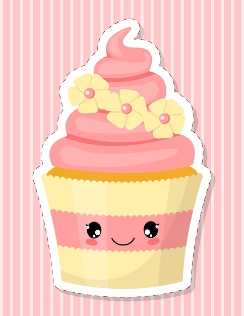 Personagem de cupcake fofo. bolo decorado com creme rosa e flores de açúcar