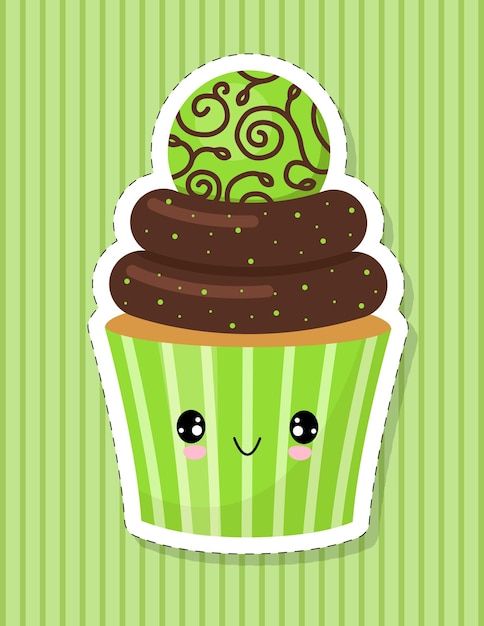 Vetor personagem de cupcake fofo. bolo decorado com doces. adesivo. ilustração vetorial.