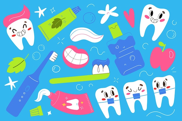 personagem de dente bonito de atendimento odontológico com aparelhos de escova de pasta de dente ilustrações vetor de higiene oral