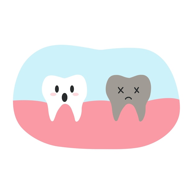 Personagem de dente de cárie morta em estilo plano de desenho animado Ilustração vetorial de dentes insalubres descontentes conceito de saúde bucal higiene bucal