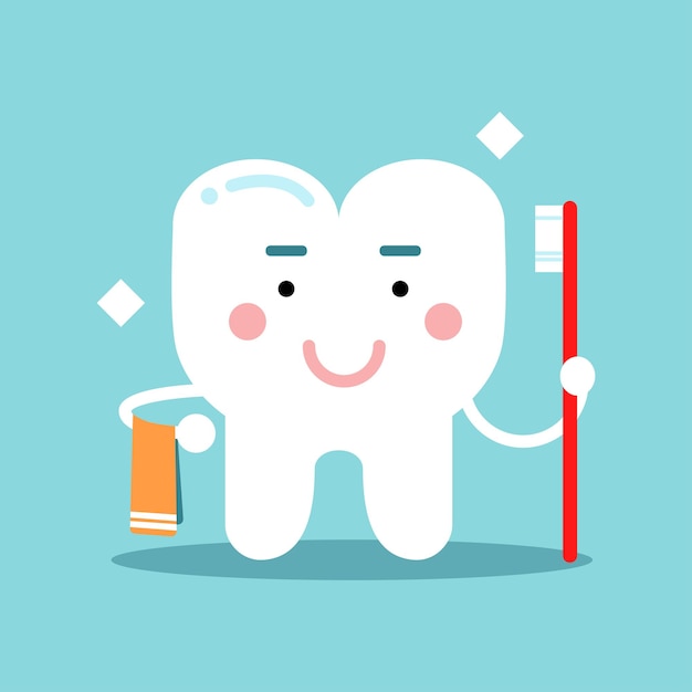 Personagem de dente de desenho bonito escovando e segurando uma toalha, ilustração vetorial dental para crianças em um fundo azul claro