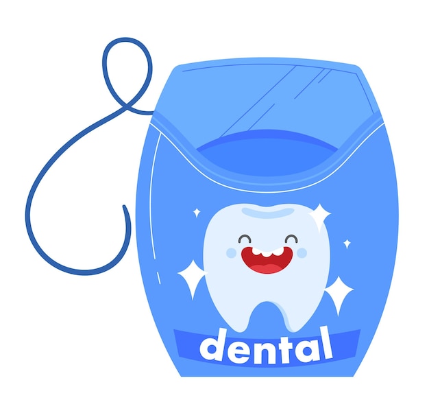 Vetor personagem de dente feliz dentro de um recipiente de fio dental dente de desenho animado com produto de higiene dental ilustração vetorial do conceito de cuidados bucais e odontologia