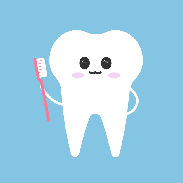 Personagem de dente limpo bonito Ilustração vetorial de dente branco feliz dente isolado com escova de dentes