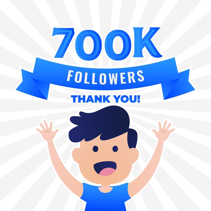 Vetor personagem de desenho animado alegre e grato comemorando obrigado 700 mil seguidores