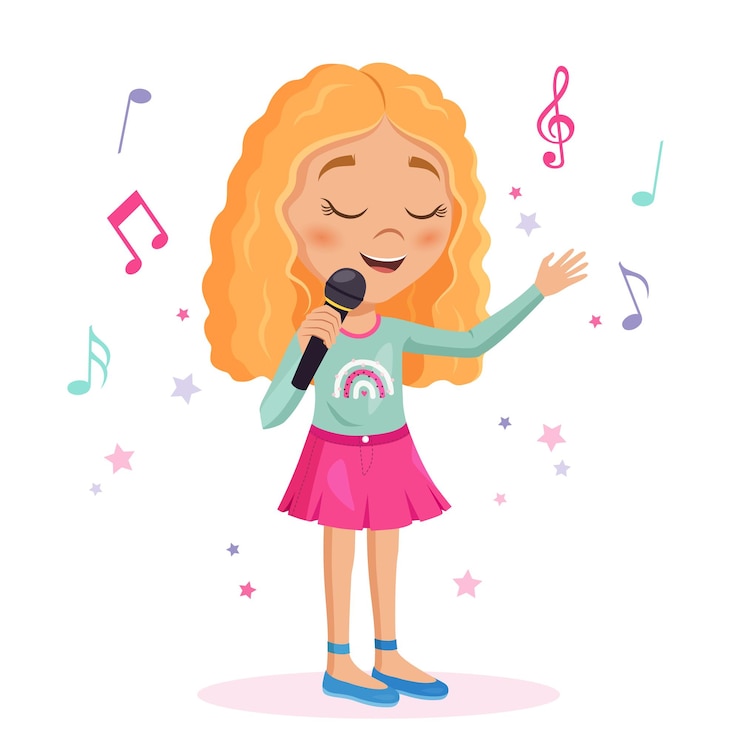 Vetor personagem de desenho animado bonita cantando com um microfone no palco com estrelas e notas decorativas