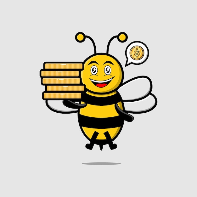 Personagem de desenho animado bonito bee segurando uma ilustração vetorial de moeda de ouro empilhada em desenho plano de conceito