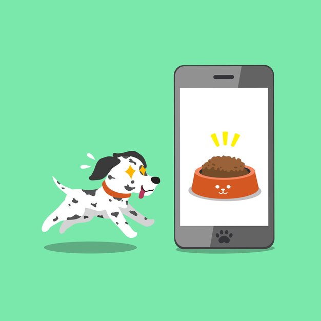 Personagem de desenho animado bonito cachorro dálmata e smartphone