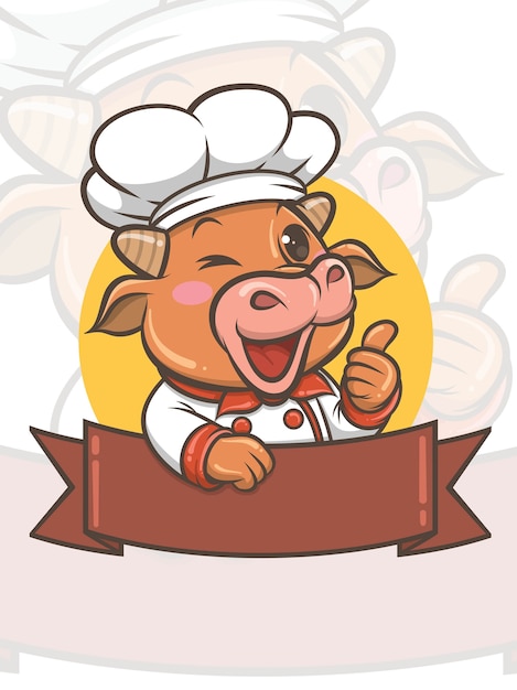 Vetor personagem de desenho animado bonito chef vaca - mascote e ilustração