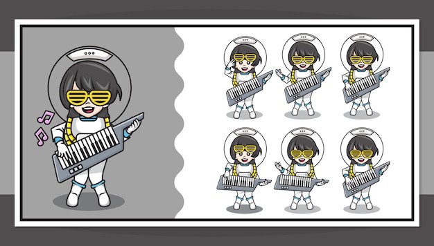 Vetor personagem de desenho animado bonito da astronauta tocando guitarra de piano com animação passo a passo