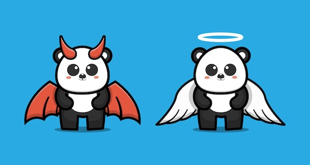 Personagem de desenho animado bonito de casal panda demônio e panda anjo