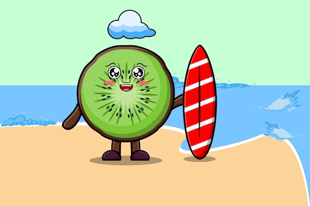 Personagem de desenho animado bonito de fruta kiwi jogando surf com prancha  de surf | Vetor Premium
