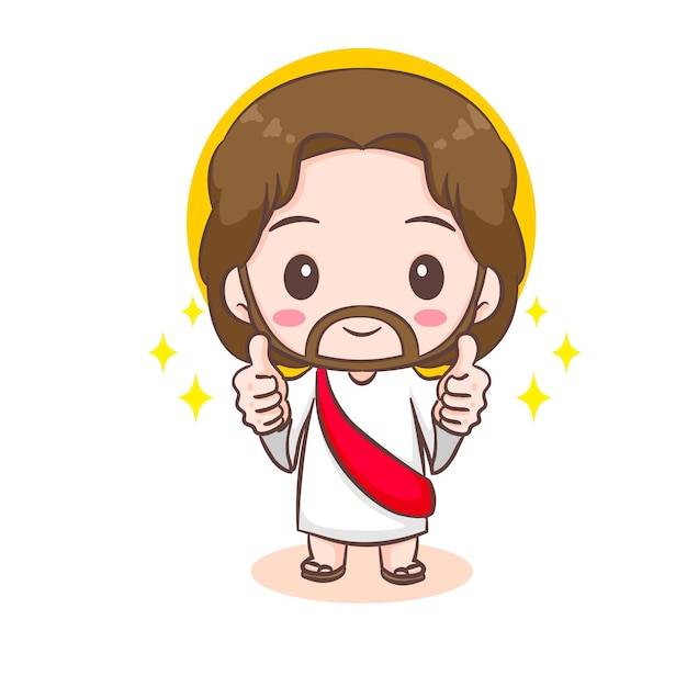 Personagem de desenho animado bonito de Jesus Cristo mostrando polegares para cima design de conceito de religião cristã