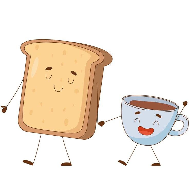 Vetor personagem de desenho animado bonito de pão torrado e uma xícara de café mascote personagens de desenhos animados amigos