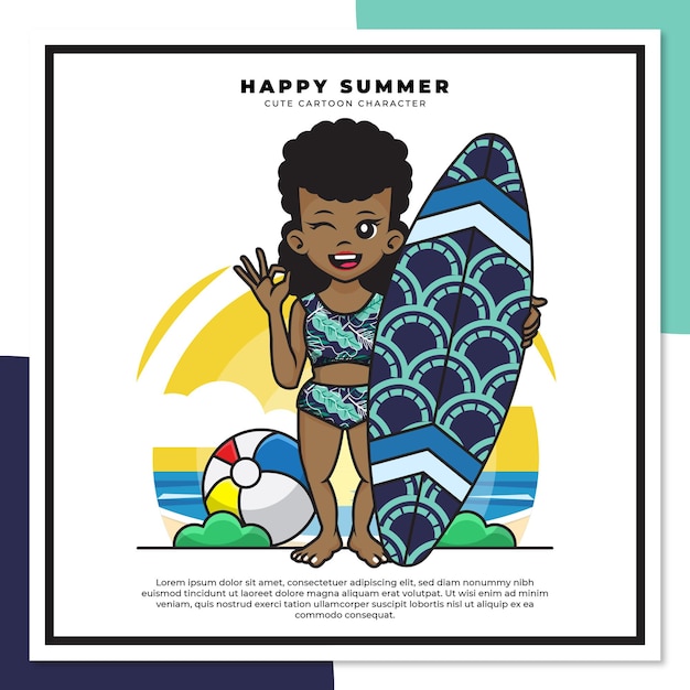 Personagem de desenho animado bonito de uma garota negra segurando uma prancha de surf na praia com saudações felizes de verão