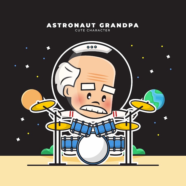 Personagem de desenho animado bonito do astronauta vovô estava tocando bateria