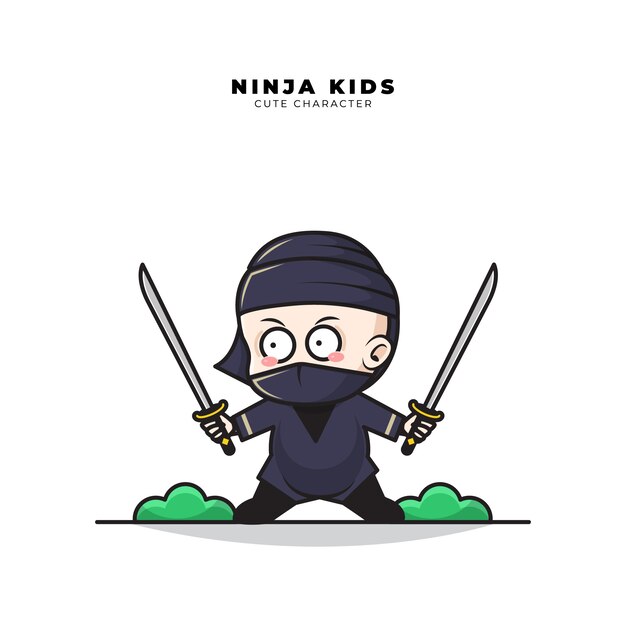 Personagem de desenho animado bonito do bebê Ninja está segurando duas espadas