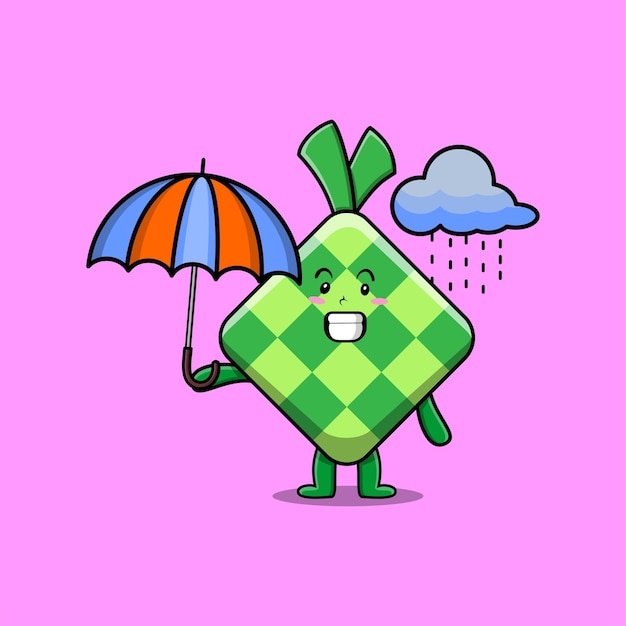 Personagem de desenho animado bonito ketupat na chuva e usando um guarda-chuva em design de estilo moderno 3d