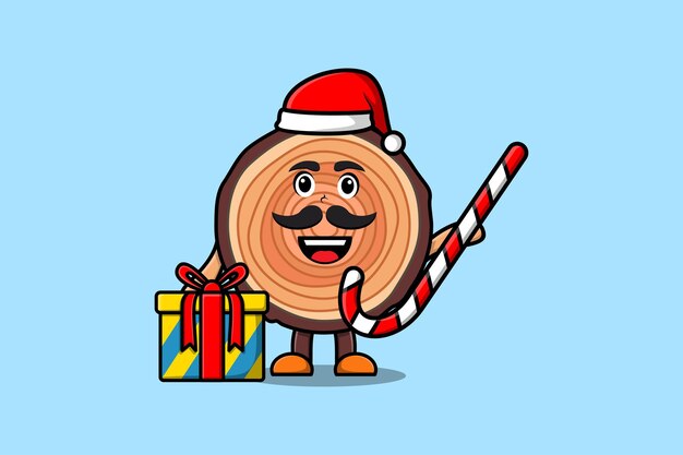 Personagem de desenho animado bonito lychee papai noel está trazendo bastão de doces e caixas de natal