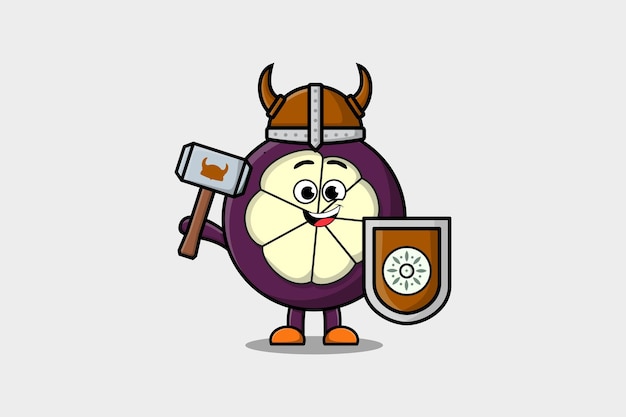Personagem de desenho animado bonito mangosteen viking pirata com chapéu e segurando martelo e escudo