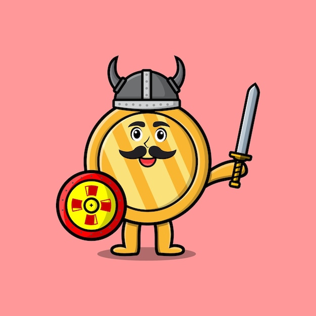 Personagem de desenho animado bonito moeda de ouro viking pirata com chapéu e segurando espada e escudo