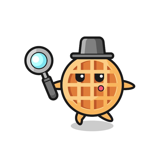 Personagem de desenho animado circular waffle pesquisando com uma lupa, design fofo