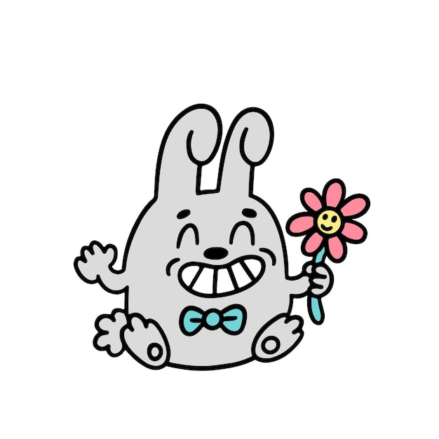 Vetor personagem de desenho animado coelho com ilustração vetorial de flor no estilo doodle