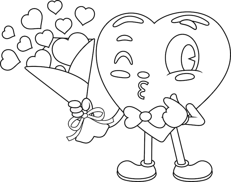 Vetor personagem de desenho animado com um coração retrô com um buquê de presentes e beijos