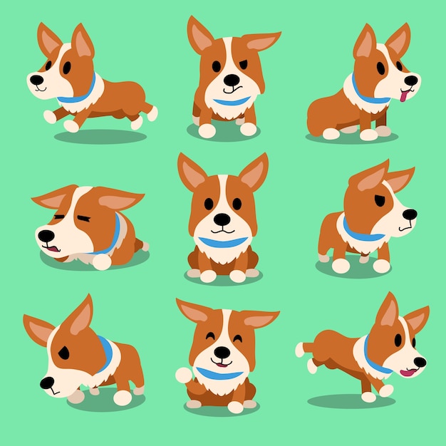 Personagem de desenho animado corgi cão poses