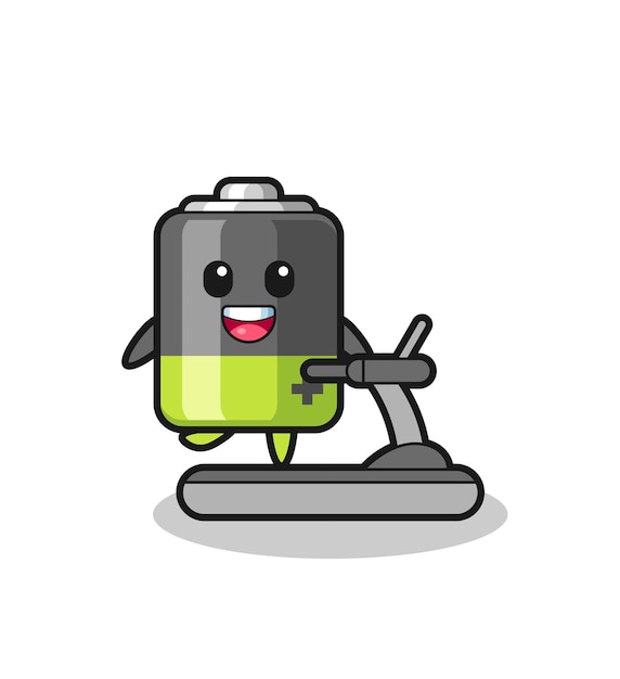 Personagem de desenho animado da bateria andando na esteira, design de estilo fofo para camiseta, adesivo, elemento de logotipo