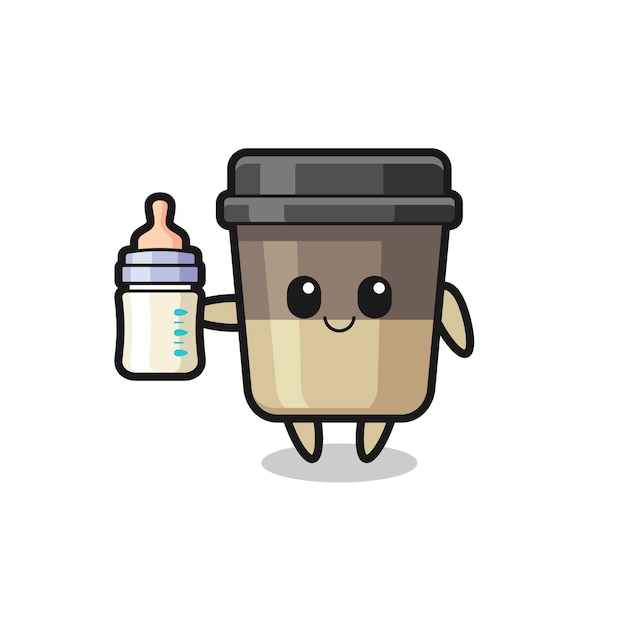 Personagem de desenho animado da xícara de café do bebê com garrafa de leite, design de estilo fofo para camiseta, adesivo, elemento de logotipo