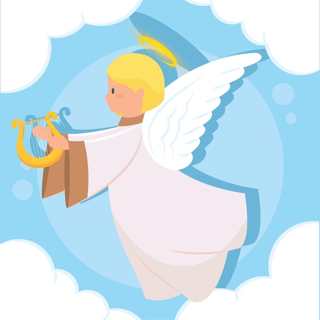 Personagem de desenho animado de anjo fofo isolado em nuvens Vetor