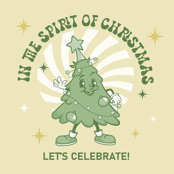 Personagem de desenho animado de árvore de Natal Mascote de pinheiro em fundo retro