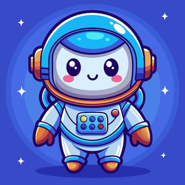 Personagem de desenho animado de astronauta bonito com um sorriso alegre vestindo um terno espacial azul e branco