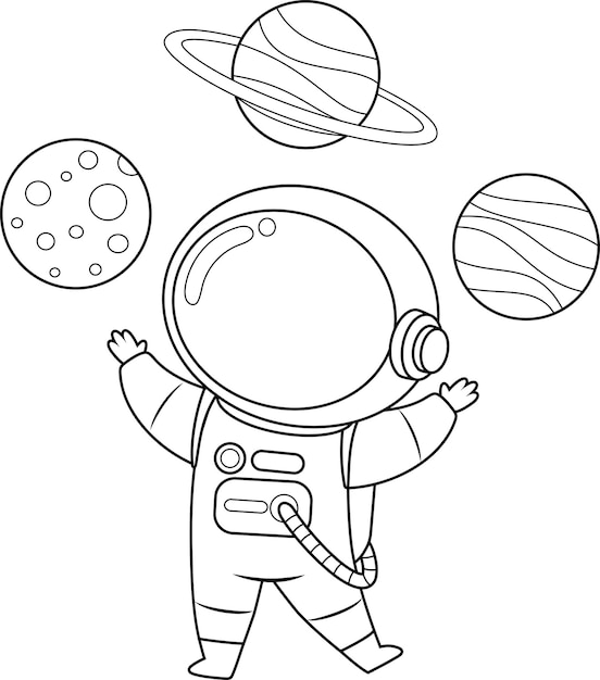 Personagem de desenho animado de astronauta bonito fazendo malabarismo com planetas