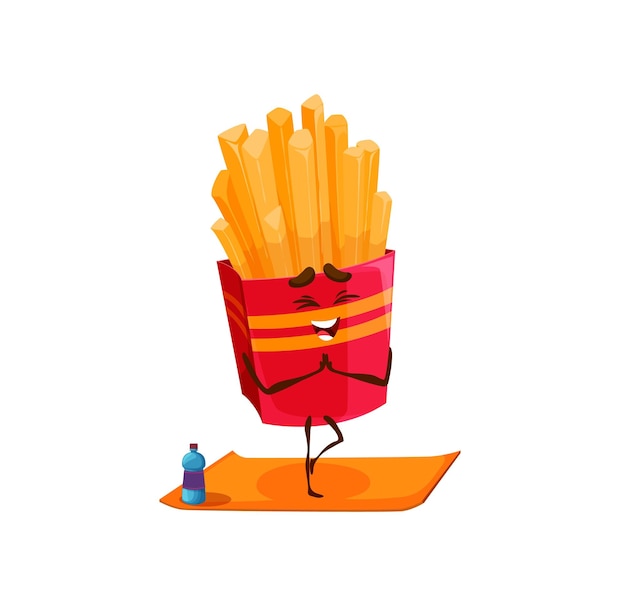 Personagem de desenho animado de batatas fritas em fitness de ioga