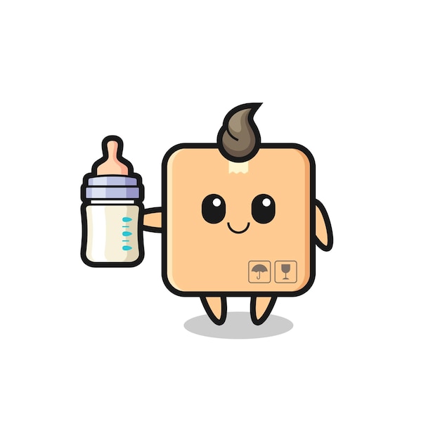 Personagem de desenho animado de caixa de papelão bebê com garrafa de leite