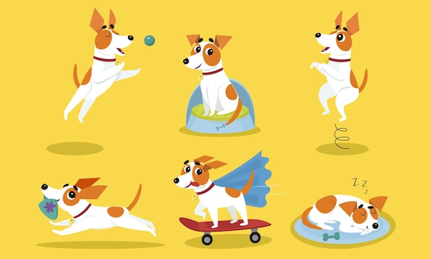 Personagem de desenho animado de cão com conjunto de vetores de comportamento adequado