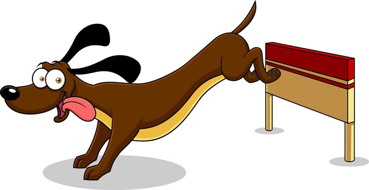 Vetor personagem de desenho animado de cão salta sobre a barreira de obstáculos vector ilustração desenhada à mão