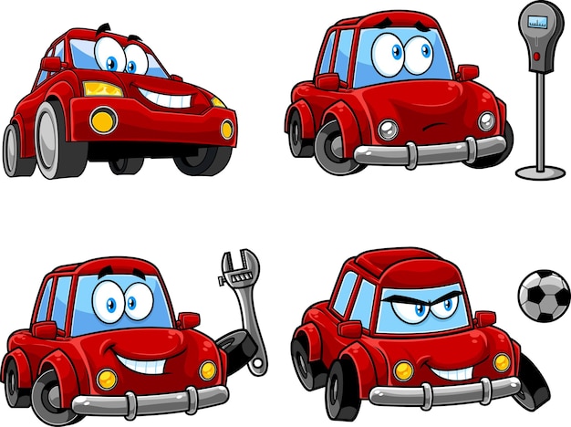 Vetor personagem de desenho animado de carro vermelho posa conjunto de coleção de vetores isolado no fundo branco